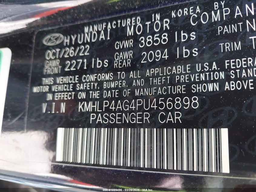 2023 HYUNDAI ELANTRA VIN: KMHLP4AG4PU456898