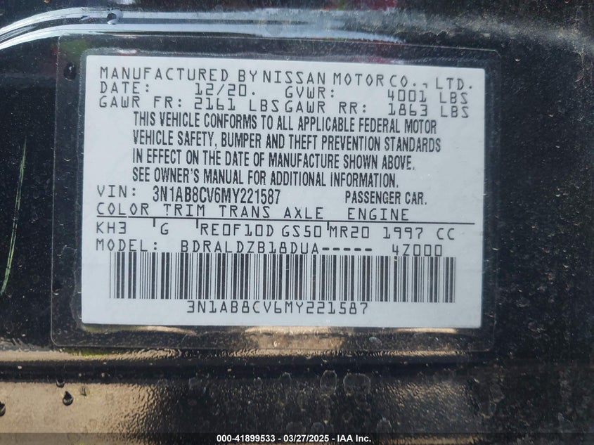 2021 NISSAN SENTRA VIN: 3N1AB8CV6MY221587