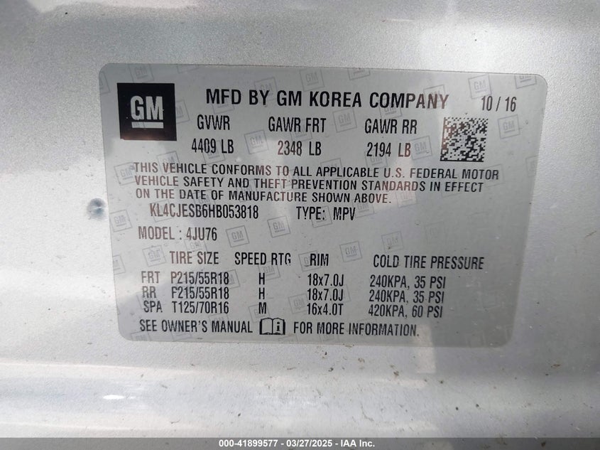 2017 BUICK ENCORE VIN: KL4CJESB6HB053818
