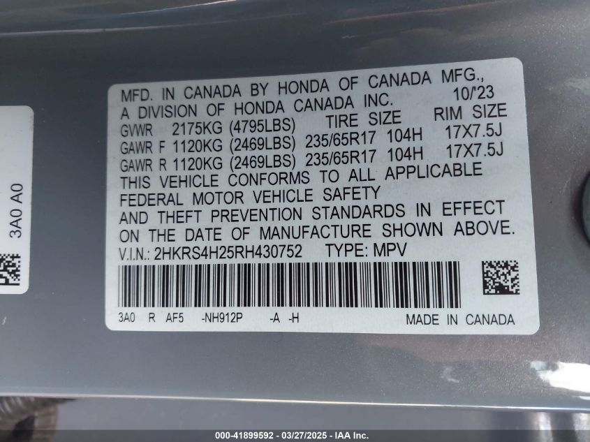 2024 Honda Cr-V Lx Awd VIN: 2HKRS4H25RH430752 Lot: 41899592