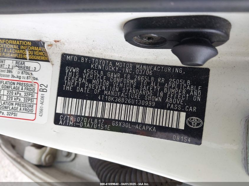 2006 Toyota Avalon Limited VIN: 4T1BK36B26U130999 Lot: 41899640