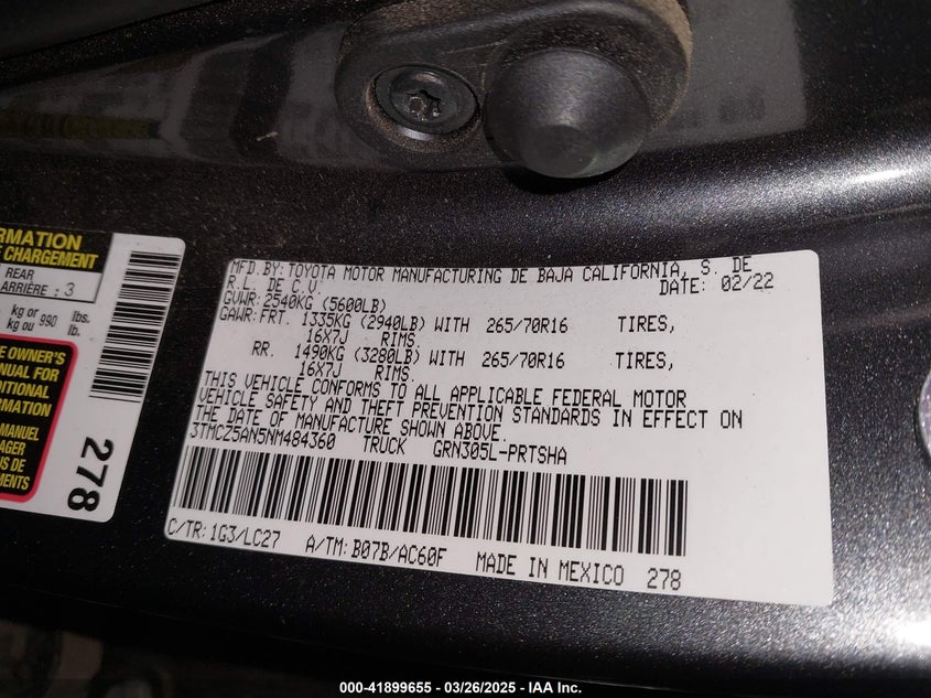 2022 TOYOTA TACOMA VIN: 3TMCZ5AN5NM484360