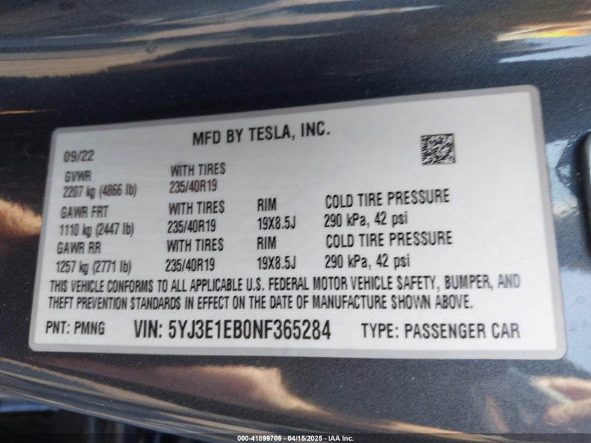 VIN 5YJ3E1EB0NF365284 2022 TESLA MODEL 3 LONG RANGE DUAL MOTOR ALL-WHEEL DRIVE