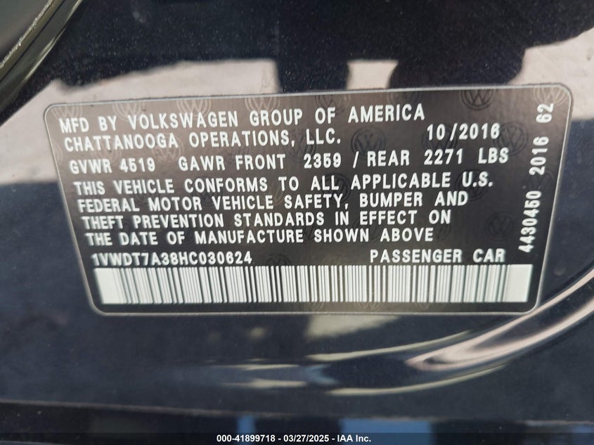 VIN 1VWDT7A38HC030624 2017 VOLKSWAGEN PASSAT 1.8T R-LINE