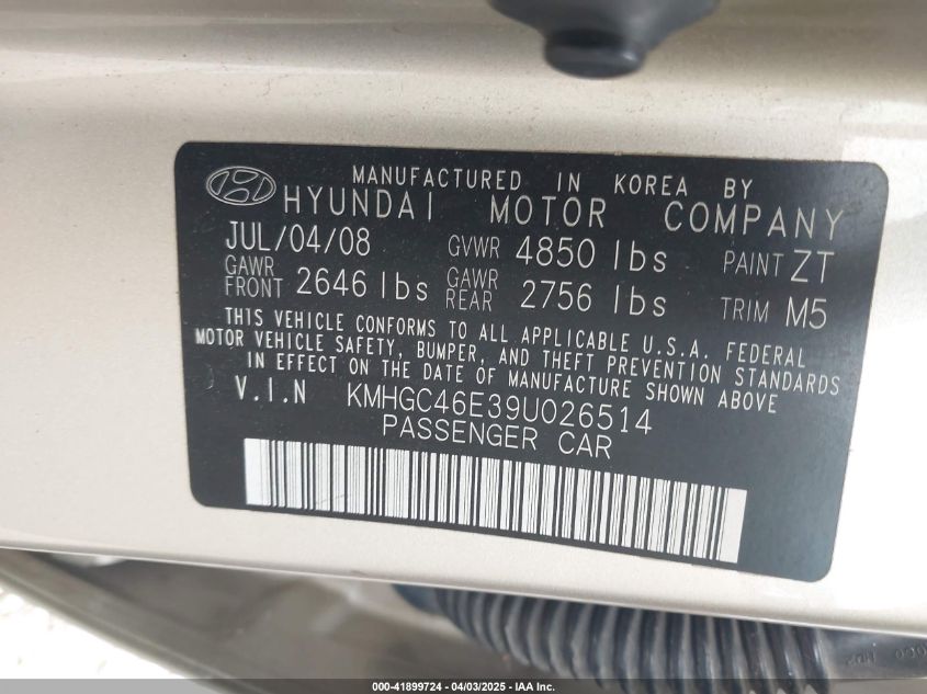2009 Hyundai Genesis 3.8 VIN: KMHGC46E39U026514 Lot: 41899724