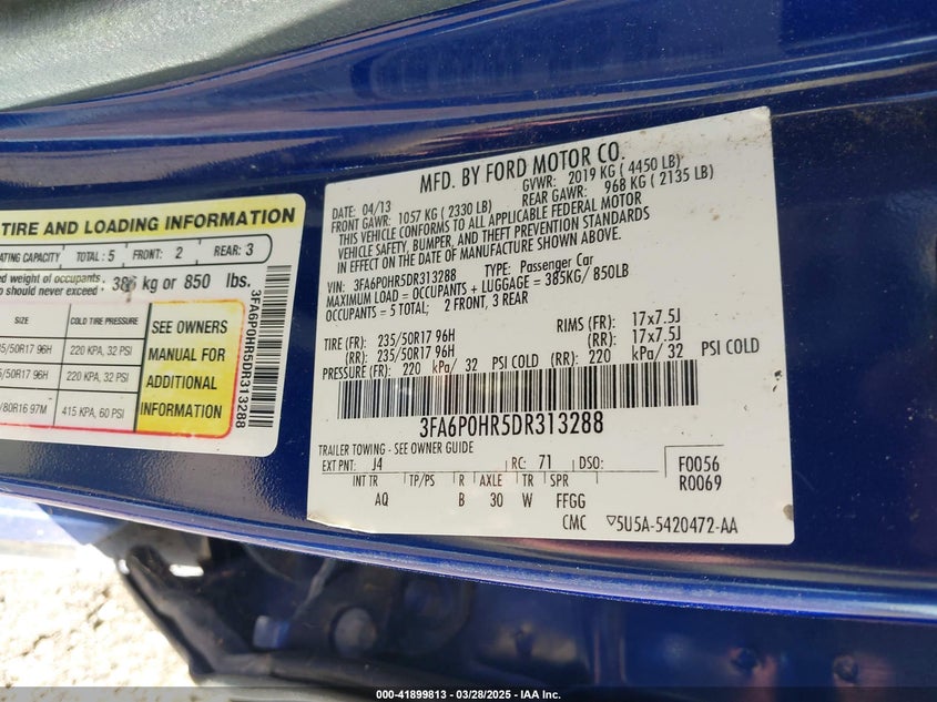 2013 FORD FUSION VIN: 3FA6P0HR5DR313288