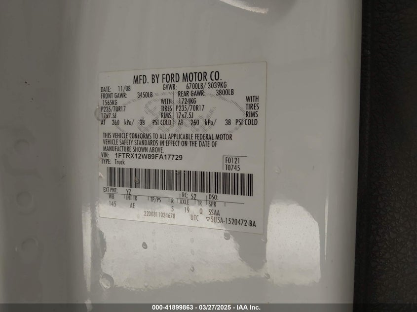 2009 FORD F-150 VIN: 1FTRX12W89FA17729