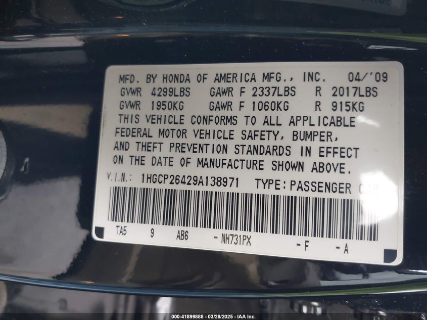2009 HONDA ACCORD VIN: 1HGCP26429A138971