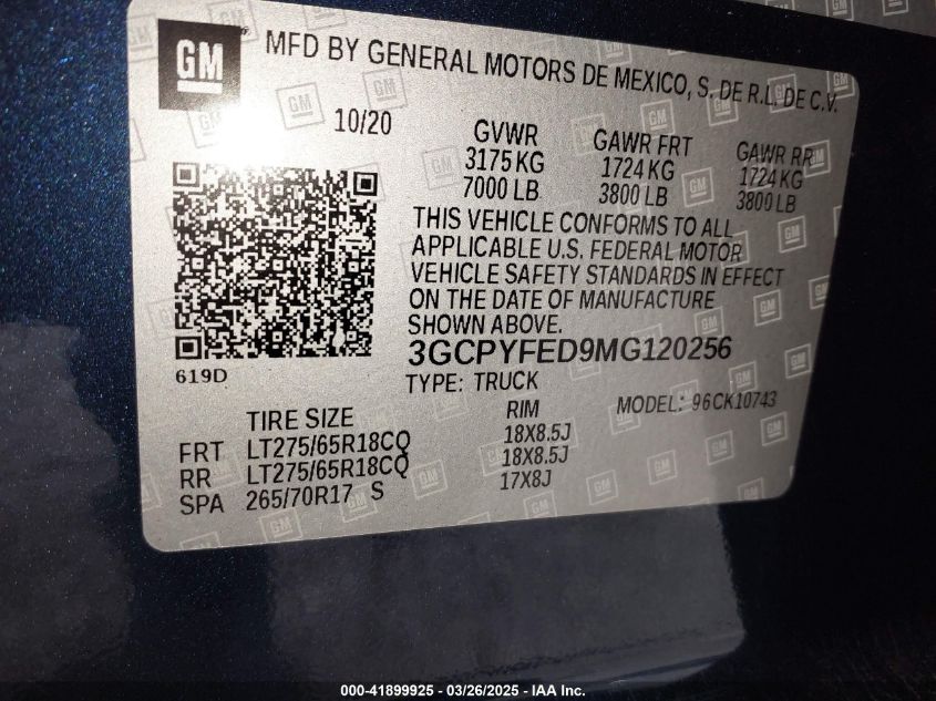 2021 Chevrolet Silverado 1500 4Wd Standard Bed Lt Trail Boss VIN: 3GCPYFED9MG120256 Lot: 41899925