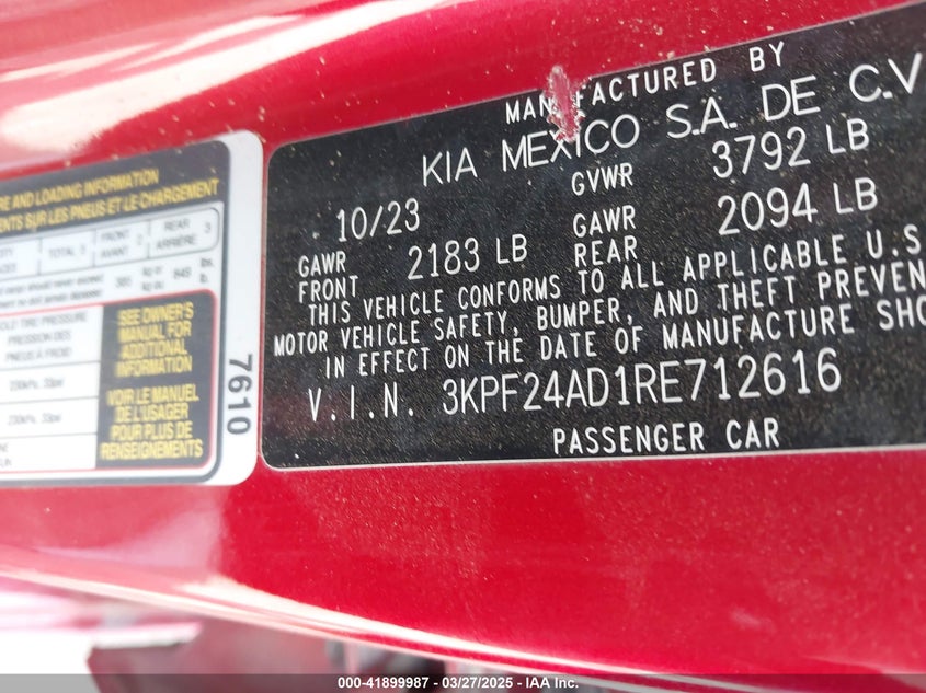 2024 KIA FORTE VIN: 3KPF24AD1RE712616