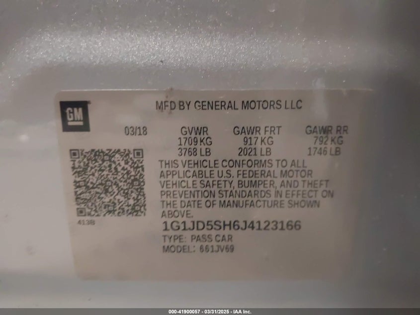 2018 CHEVROLET SONIC VIN: 1G1JD5SH6J4123166