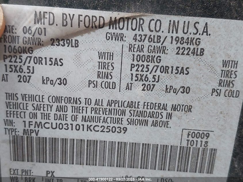 2001 Ford Escape Xlt VIN: 1FMCU03101KC25039 Lot: 41900122