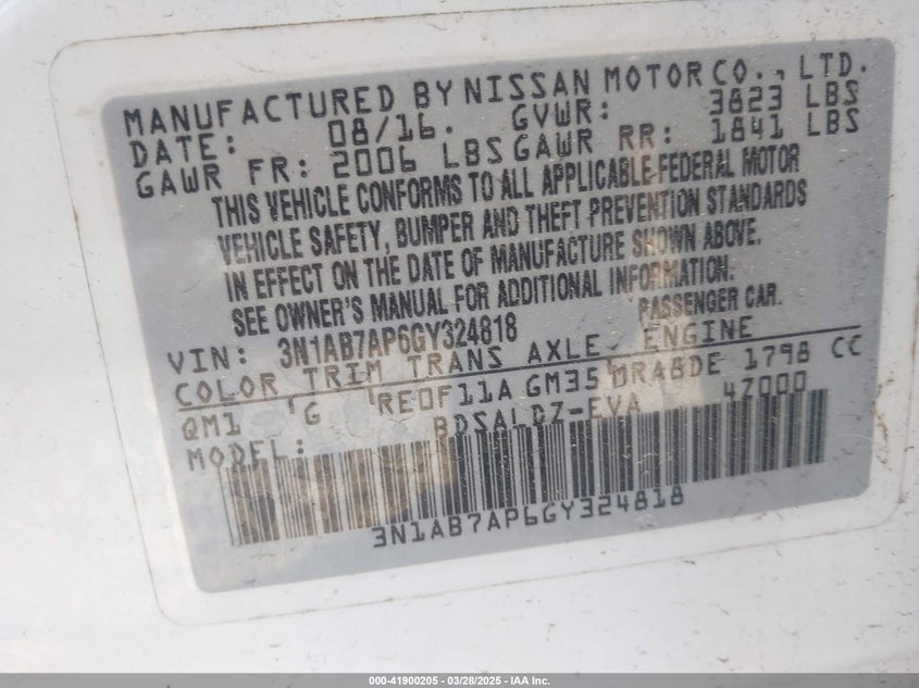 2016 NISSAN SENTRA VIN: 3N1AB7AP6GY324818