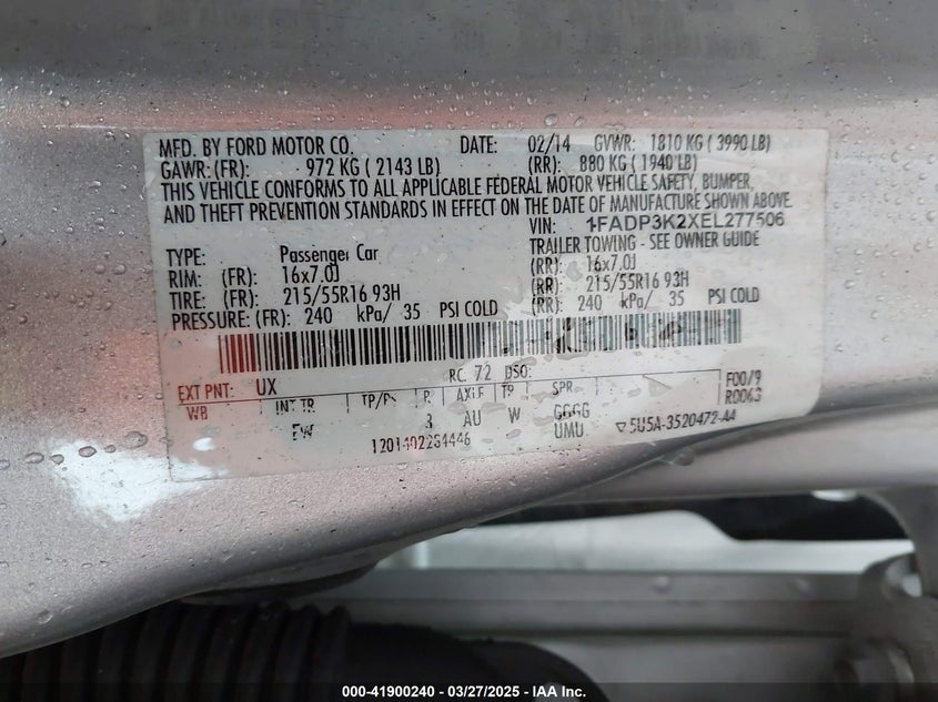 2014 FORD FOCUS VIN: 1FADP3K2XEL277506