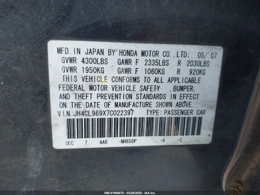 2007 Acura Tsx VIN: JH4CL969X7C022397 Lot: 41900470