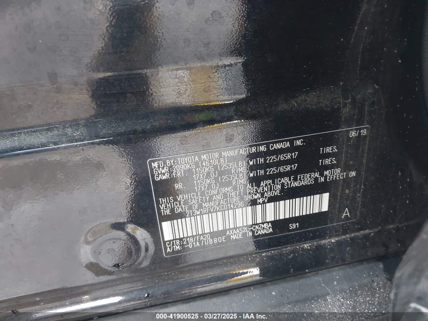 2019 TOYOTA RAV4 VIN: 2T3W1RFV7KC014296
