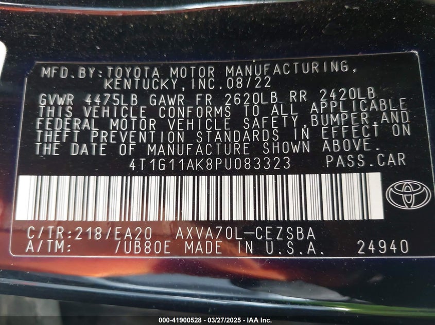 2023 TOYOTA CAMRY VIN: 4T1G11AK8PU083323