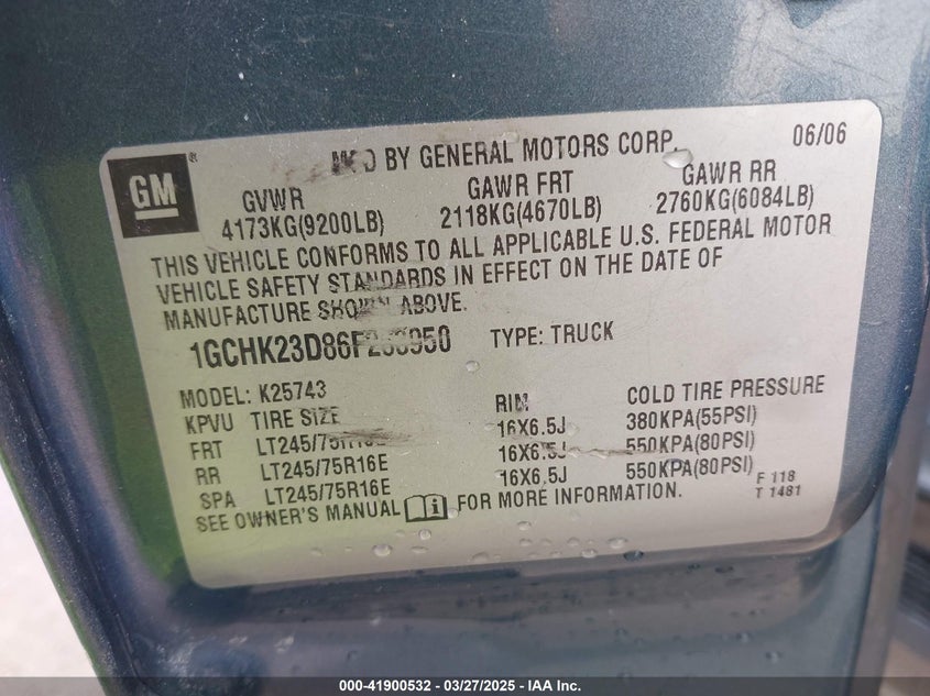 2006 CHEVROLET SILVERADO 2500HD VIN: 1GCHK23D86F263950