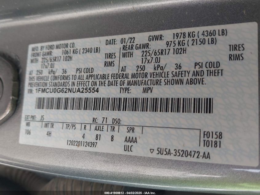 2022 Ford Escape Se VIN: 1FMCU0G62NUA25554 Lot: 41900612