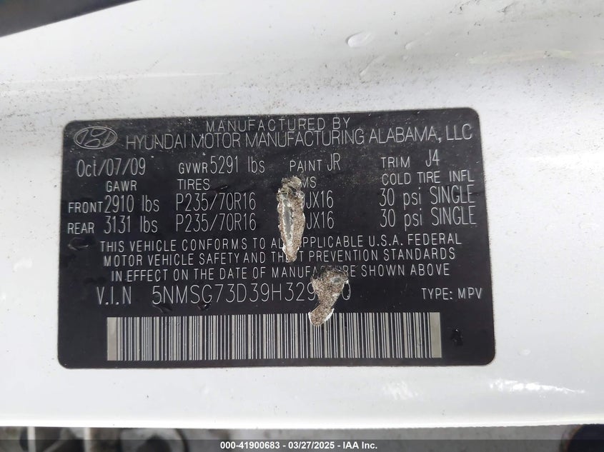 2009 HYUNDAI SANTA FE VIN: 5NMSG73D39H329770