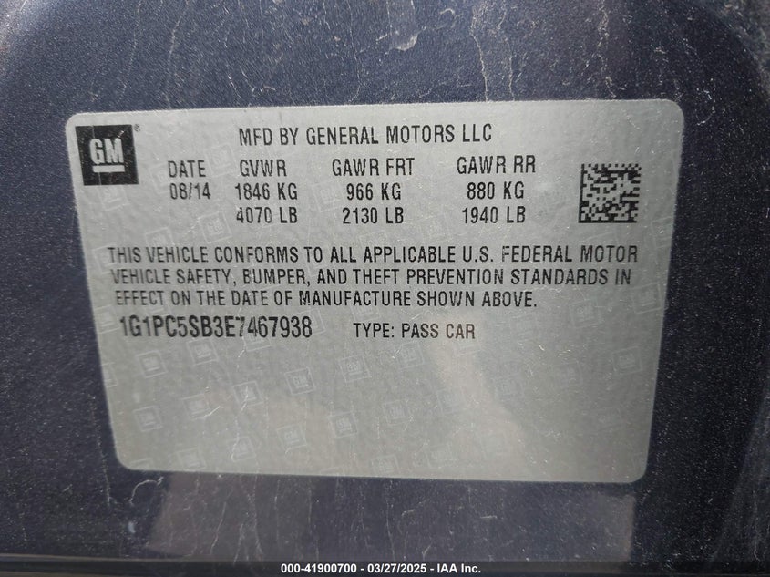 2014 CHEVROLET CRUZE VIN: 1G1PC5SB3E7467938
