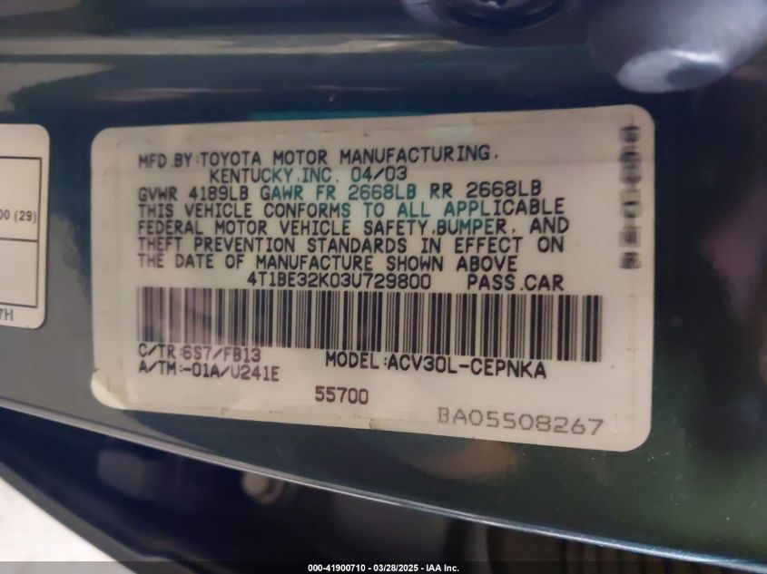 2003 Toyota Camry Le VIN: 4T1BE32K03U729800 Lot: 41900710