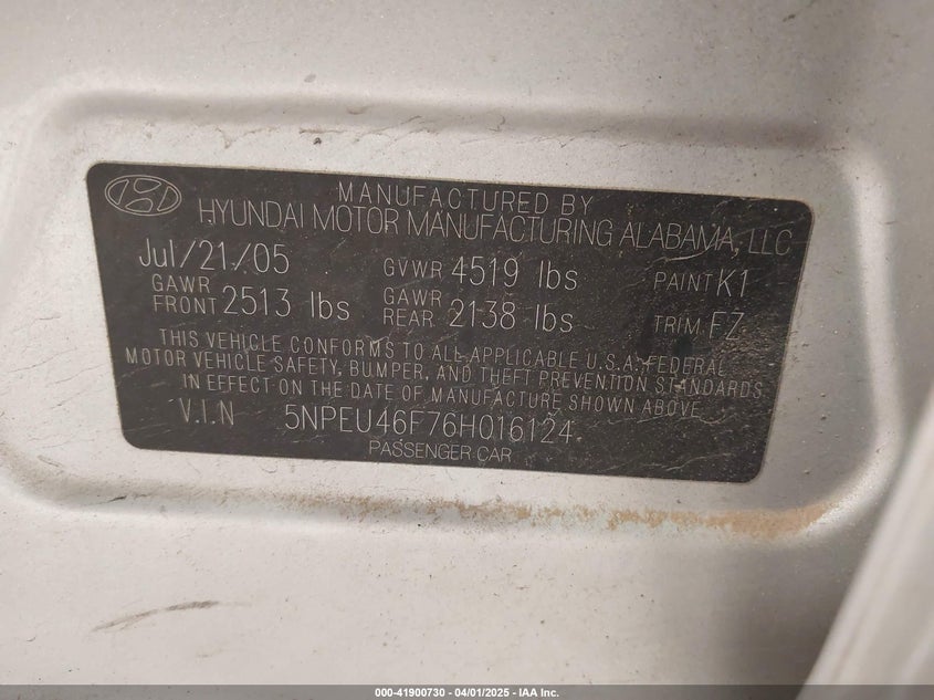 2006 HYUNDAI SONATA VIN: 5NPEU46F76H016124