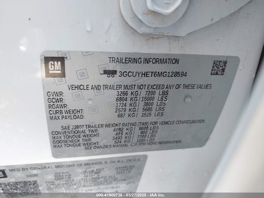 2021 CHEVROLET SILVERADO 1500 VIN: 3GCUYHET6MG128594