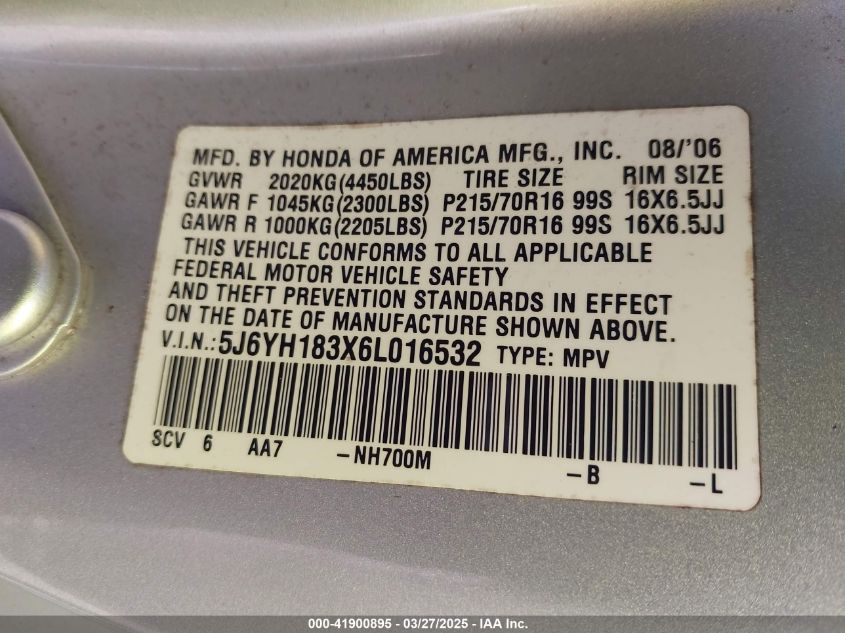2006 Honda Element Lx VIN: 5J6YH183X6L016532 Lot: 41900895