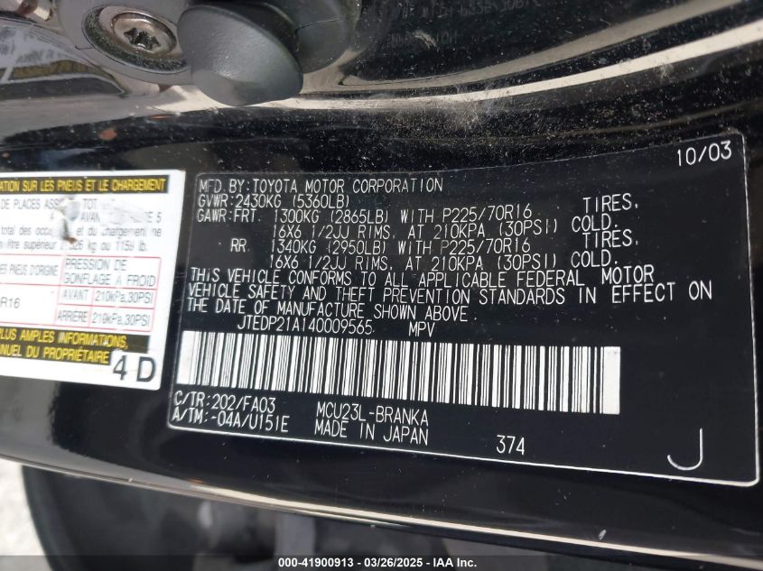2004 Toyota Highlander V6 VIN: JTEDP21A140009565 Lot: 41900913