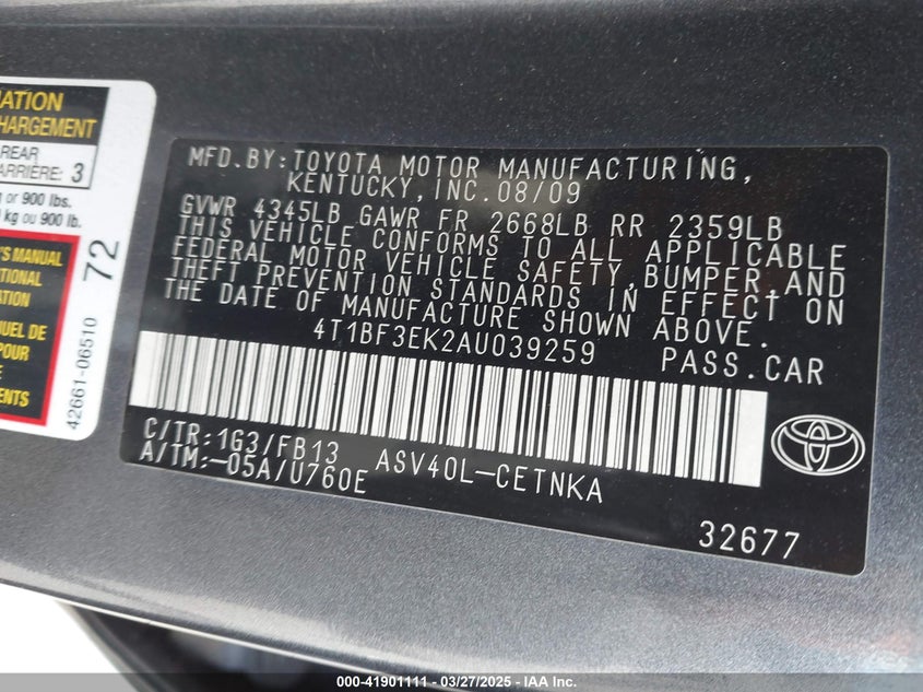 2010 TOYOTA CAMRY VIN: 4T1BF3EK2AU039259