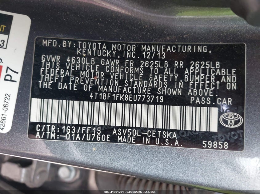 2014 TOYOTA CAMRY VIN: 4T1BF1FK8EU773719