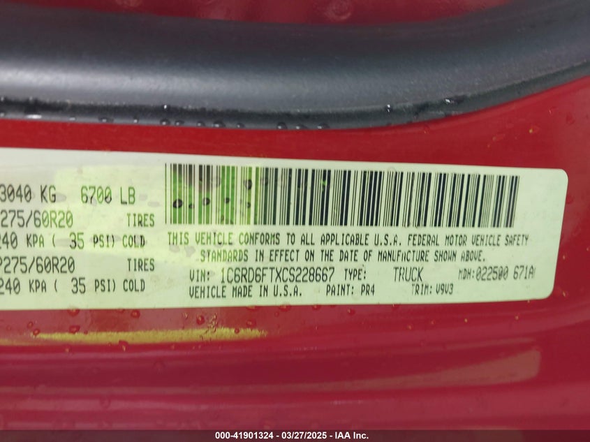 2012 DODGE RAM 1500 VIN: 1C6RD6FTXCS228667