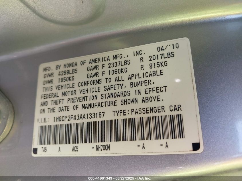 2010 Honda Accord 2.4 Lx-P VIN: 1HGCP2F43AA133167 Lot: 41901349