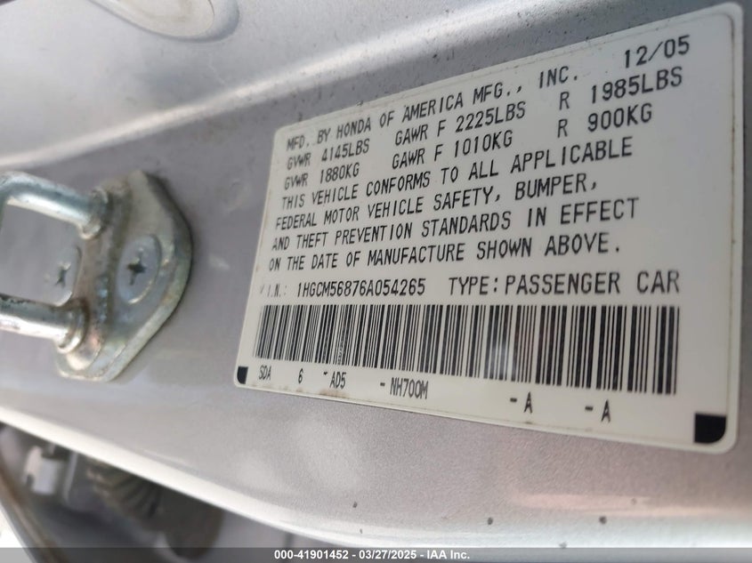2006 HONDA ACCORD VIN: 1HGCM56876A054265