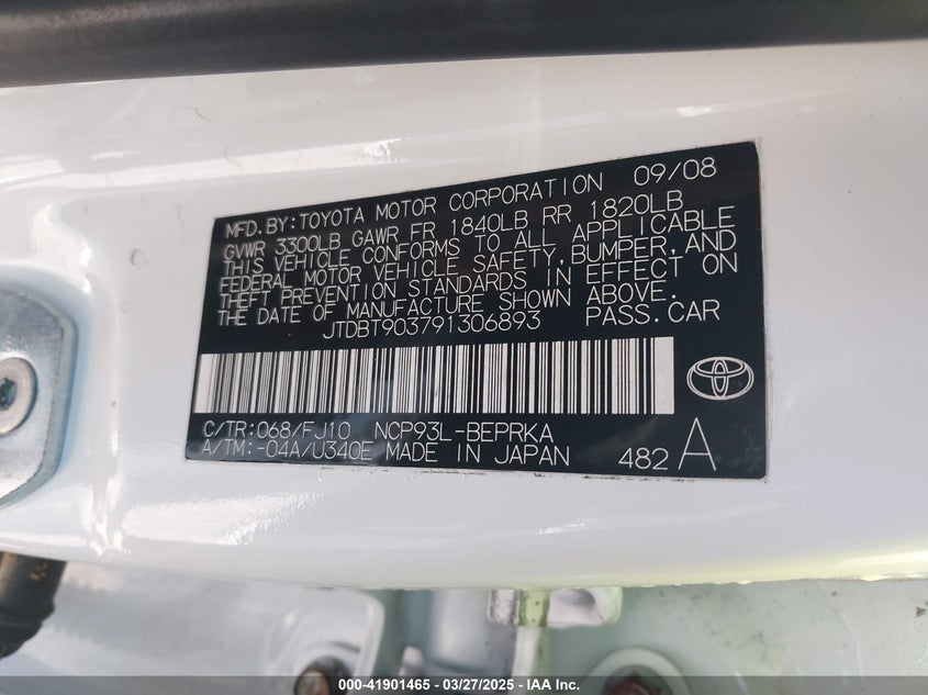 2009 TOYOTA YARIS VIN: JTDBT903791306893