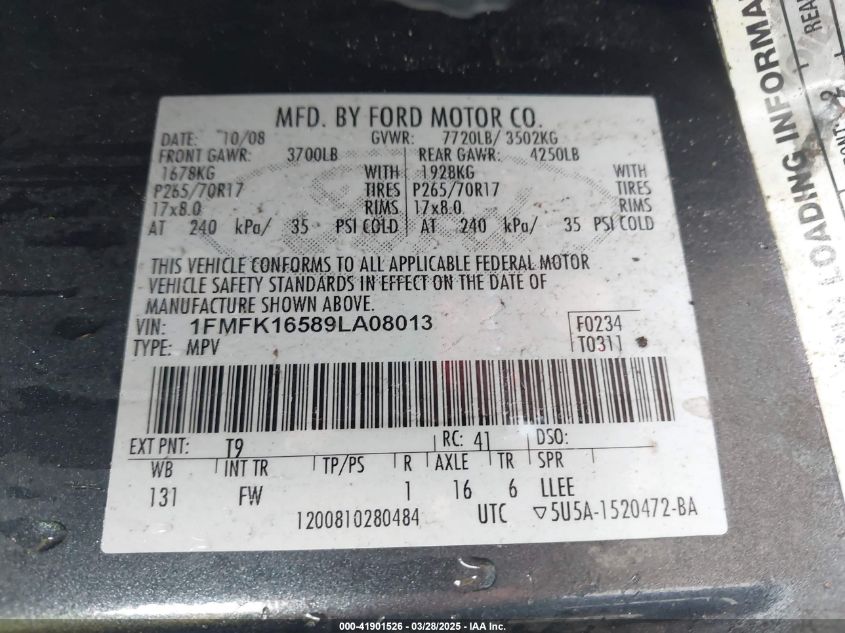 2009 Ford Expedition El Xlt VIN: 1FMFK16589LA08013 Lot: 41901526