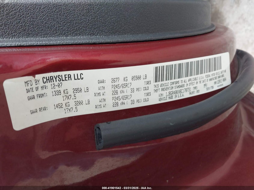2008 JEEP GRAND CHEROKEE VIN: 1J8GR48KX8C178731