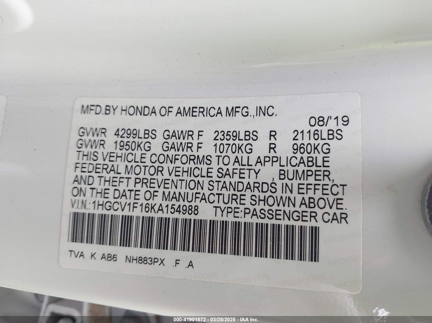VIN 1HGCV1F16KA154988 2019 HONDA ACCORD LX