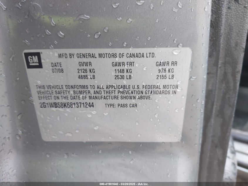 2008 Chevrolet Impala Ls VIN: 2G1WB58K681371244 Lot: 41901640