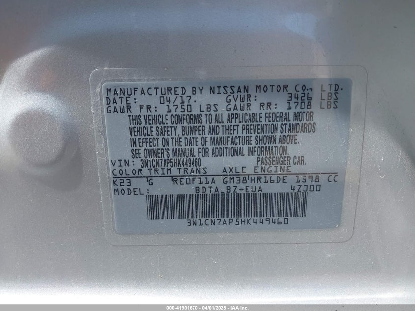 2017 NISSAN VERSA 1.6 SV - 3N1CN7AP5HK449460