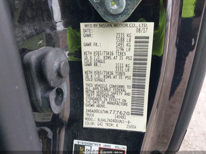 2017 NISSAN FRONTIER VIN: 1N6AD0CU7HN777620