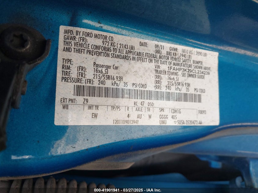2012 FORD FOCUS VIN: 1FAHP3K29CL234239