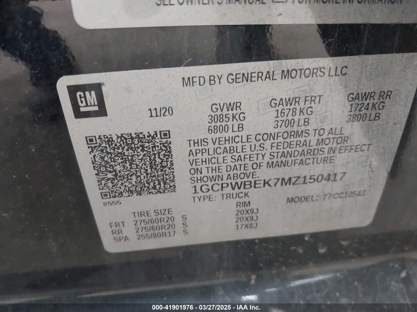 2021 CHEVROLET SILVERADO 1500 VIN: 1GCPWBEK7MZ150417