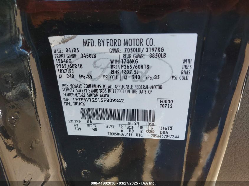 2005 Ford F-150 Lariat/Xlt VIN: 1FTPW12515FB09342 Lot: 41902036