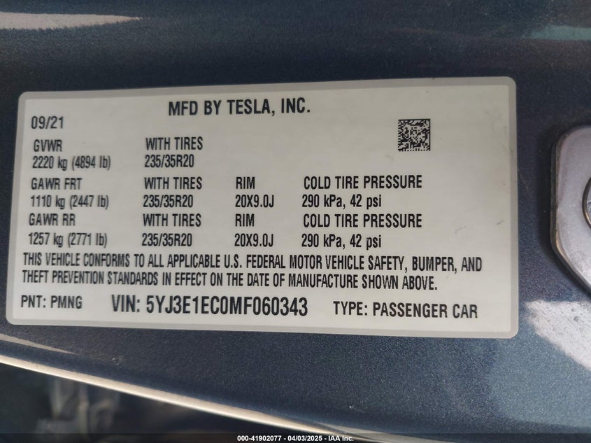 2021 TESL MODEL 3 PERFORMANCE VIN: 5YJ3E1EC0MF060343