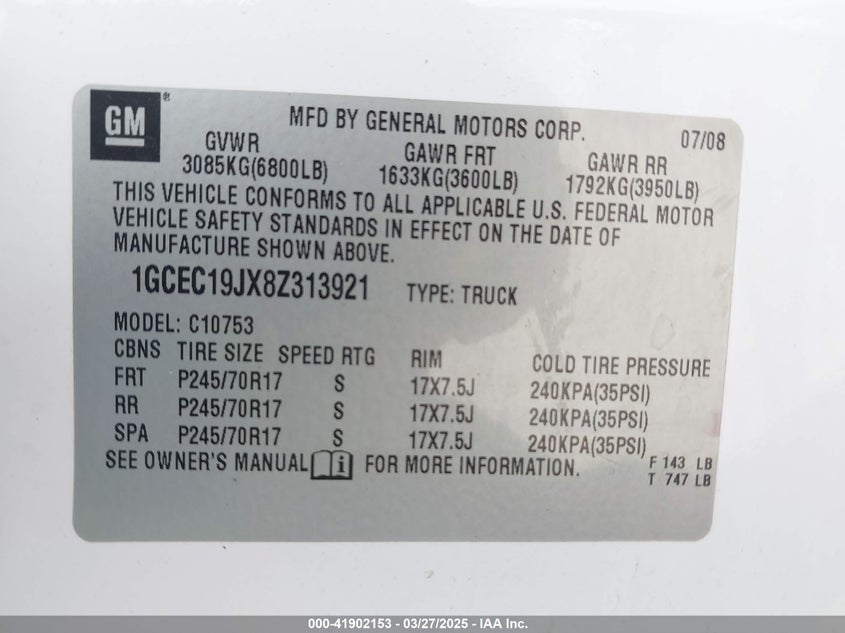 2008 CHEVROLET SILVERADO VIN: 1GCEC19JX8Z313921