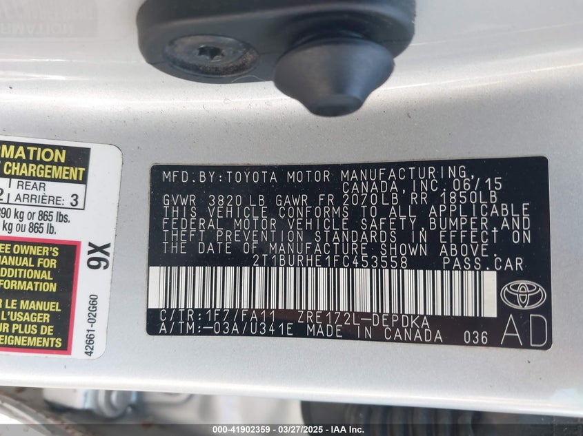 2015 TOYOTA COROLLA VIN: 2T1BURHE1FC453558