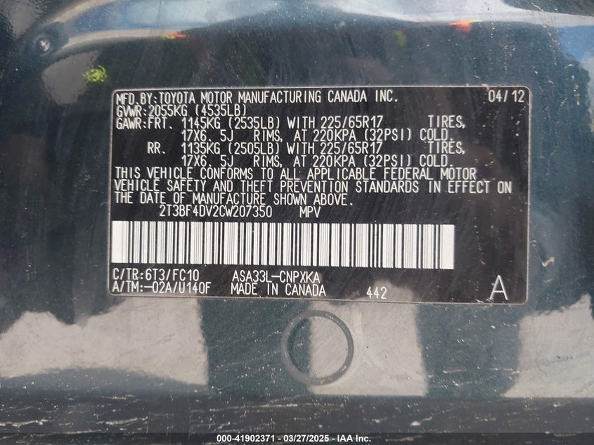 2012 TOYOTA RAV4 VIN: 2T3BF4DV2CW207350