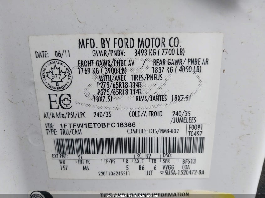 2011 FORD F-150 VIN: 1FTFW1ET0BFC16366